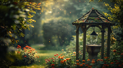 A serene scene of a wishing well in a garden, with the well in focus and the surrounding foliage and flowers fading into a dreamy, blurry backdrop, embodying the abstract hope of wishes granted