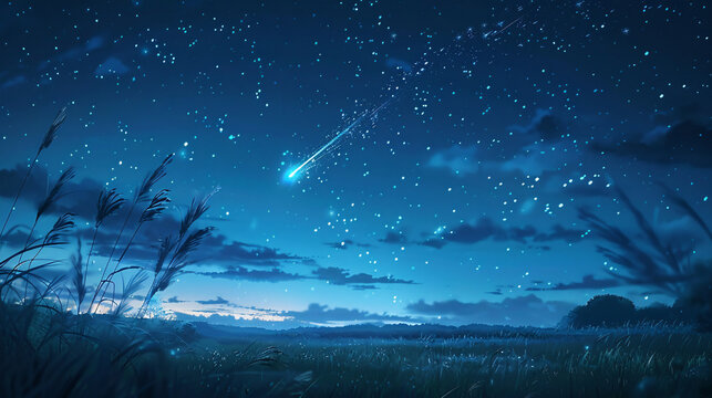 A shooting star streaking across a night sky, with the star in clear focus and the rest of the sky and landscape softly blurred, evoking the abstract moment of making a wish