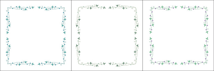 Set of three green floral frame with clover leaves, thin frames collection, decorative corners. Isolated vector illustration.