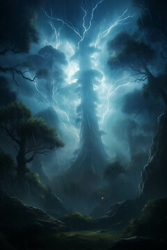 A mystical forest illuminated by a vibrant lightning bolt striking a tall tree, creating an enchanting and mysterious atmosphere.