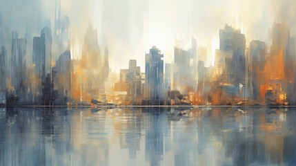Abstract cityscape painting with skyscrapers reflecting in water. Blurred, vibrant colors create a dynamic and modern urban art scene.