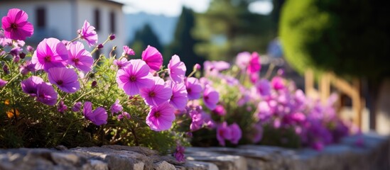 Obraz premium Wild pink and purple flowers blooming in the village with copy space image