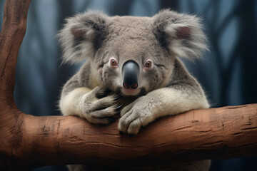 Fototapeta premium Adorable koala resting on a tree branch in a serene forest setting, showcasing its fluffy ears and cute expression. Perfect for nature and wildlife themes.