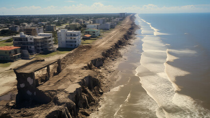 Aerial view of coastal erosion affecting seaside buildings, highlighting the impact of climate change on coastal infrastructure.