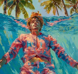 oil painting of swimming in the pool, man with long wavy red hair wearing a pink and blue pastel neon suit floating underwater, which in Generate AI