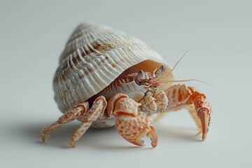 Close-up of a hermit crab in a seashell against a plain background. Detailed view highlighting the texture and colors of the crab and its shell.