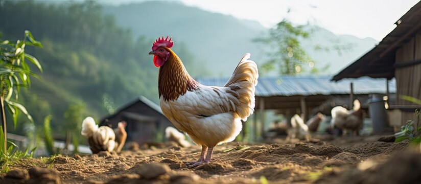 Traditional poultry farm with a white rooster on an organic chicken farm creating a picturesque scene with a rustic charm and copy space image