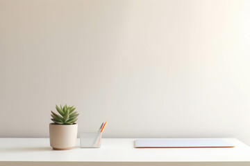 Minimalist workspace with a potted succulent, notebook, and pencil holder on a white desk against a plain background, perfect for office inspiration.