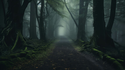 Mysterious foggy forest path with towering trees and green moss, creating an eerie and enchanting atmosphere, perfect for fantasy or horror themes.