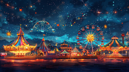 An evocative illustration of a vintage fairground at night, with colorful carnival rides spinning against a backdrop of starry skies, and the sound of laughter and music filling the air