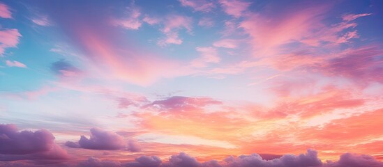 Obraz premium Romantic summer sunset sky with red orange yellow and purple hues during the golden hour after sundown creating a picturesque twilight scene with copy space image