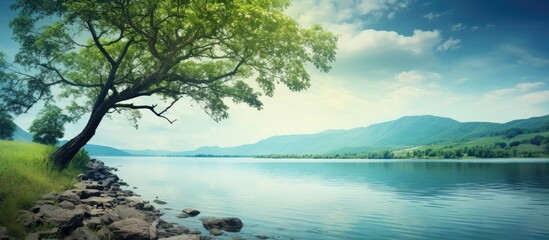 Scenic view of the lake with a picturesque landscape ideal for a relaxing image with copy space