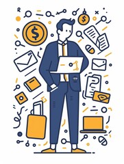 A man is standing in front of a laptop with a stack of papers