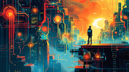 Explore the intersection of occupations and technology by depicting futuristic workplaces where human workers collaborate seamlessly with AI and automation, showcasing how advancements in technology