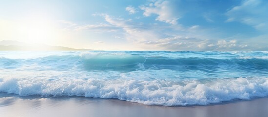 The morning sea waves crashing against the shore appeared alive inviting feelings of vitality and movement in the scene perfect for a copy space image