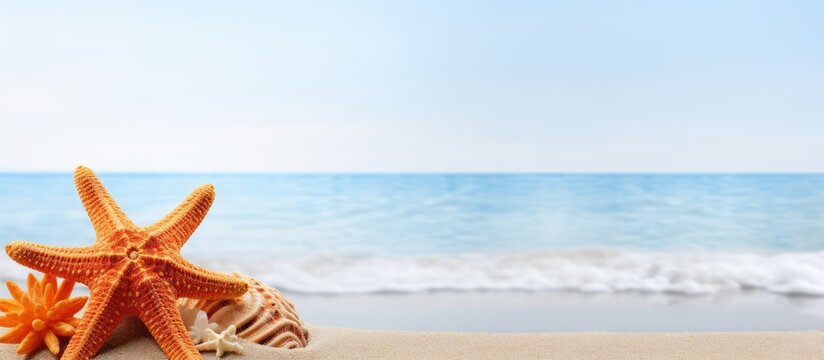 A stunning sea star displayed on a white background with a beach related item nearby with copy space image