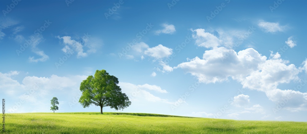 Canvas Prints A summer scene with a bright sunny sky showcasing lush green grass and trees adding color contrast against the blue sky s backdrop ideal as a copy space image