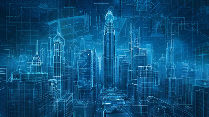 Fototapeta premium Embark on a journey into the future with blueprints of visionary cities and structures, where sleek skyscrapers soar towards the sky and advanced technology seamlessly integrates into everyday life,