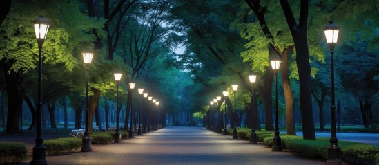 A scenic pathway lined with trees in the park illuminated by lanterns under a clear blue sky with...