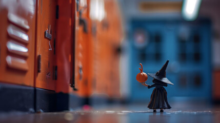Tiny Witch Casting a Spell in Front of Blurred School Locker with Center Copyspace