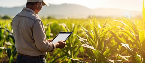 An Asian farmer inspects a sunny cornfield on a tablet representing agribusiness An agricultural engineer stands in a lush cornfield with a background of the agricultural garden in the copy space imag