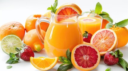 Tasty orange juice in a pitcher with fruit on a white background