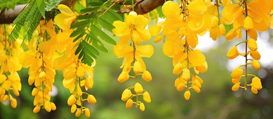 Golden shower also known as Cassia fistula is a beautiful yellow flower with various names like purging cassia Indian laburnum or pudding pipe tree perfect for a copy space image