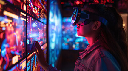 Fototapeta premium Illuminate the intersection of technology and recreation with a striking photograph capturing enthusiasts engaged in futuristic hobbies, such as augmented reality scavenger hunts and holographic