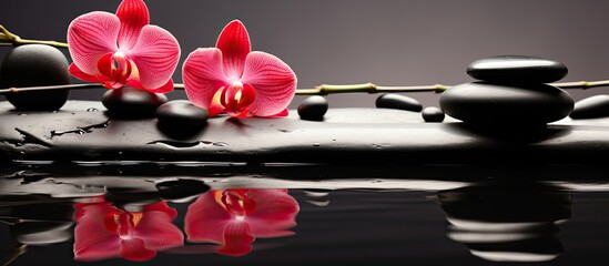 Spa themed still life composition featuring a red orchid bamboo stem and black zen stones on a wet...