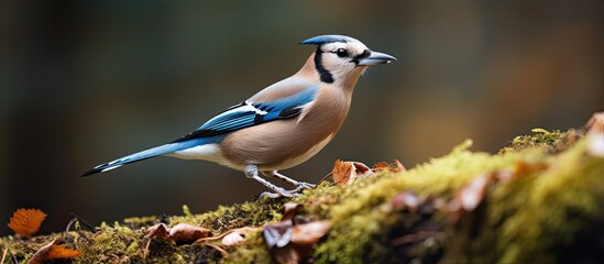 Close up of a European jay Scientific name Garrulus Glandarius facing left in natural woodland habitat with beak filled with two peanuts Clean background Copy space Horizontal