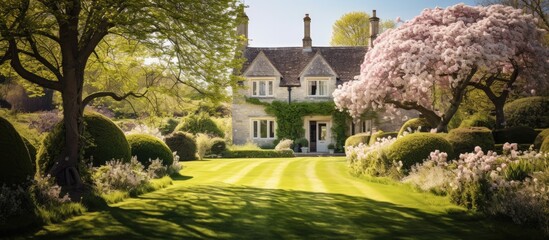 Charming English country home surrounded by blooming flowers perfect for a tranquil retreat. Copy space image. Place for adding text and design