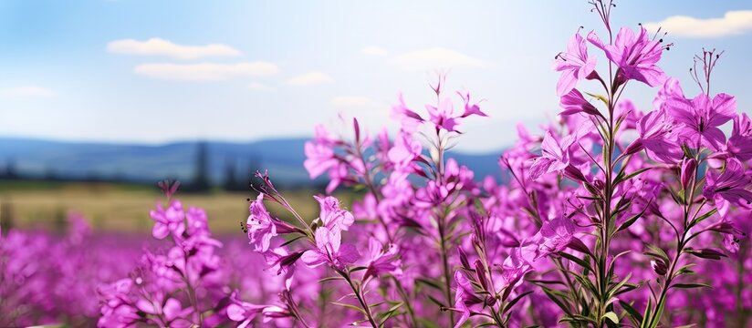 The Purple Fireweed scientifically known as Chamaenerion angustifolium is a strikingly tall wildflower with showy blooms classified as a perennial herbaceous plant seen in a copy space image