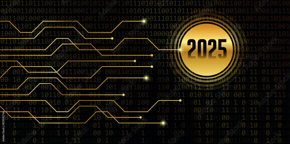 Poster 2025 golden number on binary code background vector illustration