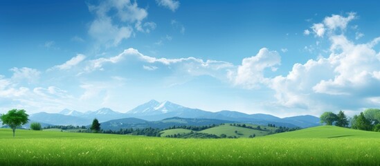 Fototapeta premium A picturesque landscape featuring mountains trees and lush greenery under a vibrant blue sky suitable as a background for a copy space image