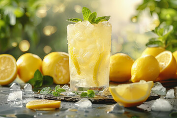 Iced lemon beverage with mint and lemons on a summer day, perfect for advertisements and refreshing drink concepts.