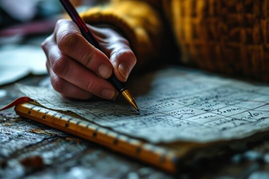 Close-up of an overweight persons hand writing on a piece of paper using a pen