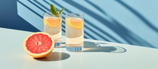 Minimalistic summer concept with two glasses of drink featuring fresh grapefruit slices on a bright beige and blue backdrop complemented by sunny day shadows ideal for adding copy space image