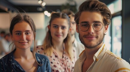 enterprising, gentle-looking modern young business people standing in an office, looking at the camera smiling. generative AI