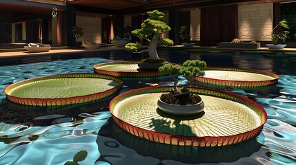 A pool with a floating island of giant lily pads, each supporting a small bonsai tree