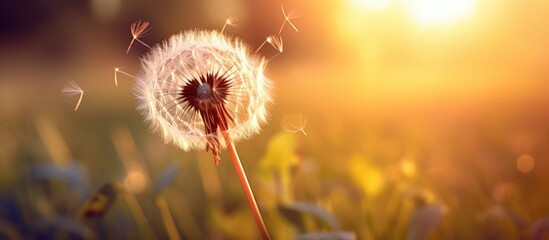 Soft morning light illuminates a dandelion with a delicate spider web in the background creating a serene scene with copy space image - Powered by Adobe
