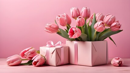 Tulips and a gift for Mother's Day lie on a pink background