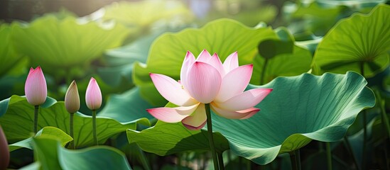 A pink lotus flower bud set against lush green foliage with a blank area for writing or inserting an image provided. Copy space image. Place for adding text and design