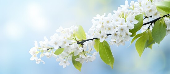 Obraz premium Macro photo of a blooming white lilac branch on a blurred background perfect for copy space image Part of the beauty of spring flowers captured up close