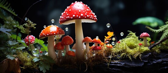 A visually striking woodland plant species Amanita muscaria is a vividly colorful and attention grabbing subject perfect for a copy space image