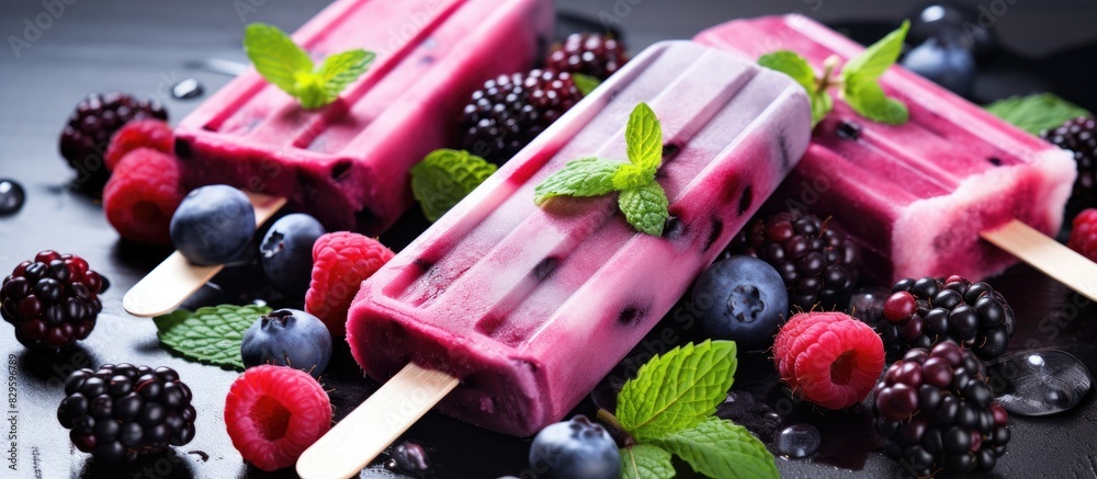 Poster Refreshing summer treats with a copy space image of homemade berry ice cream popsicles infused with mint and mojito flavors along with frozen diet water enhanced with blackberry blueberry and raspber