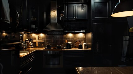 A dark kitchen with a black stove and oven