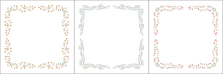 Green floral frame with heart shaped flowers, decorative corners set. Isolated vector illustration.