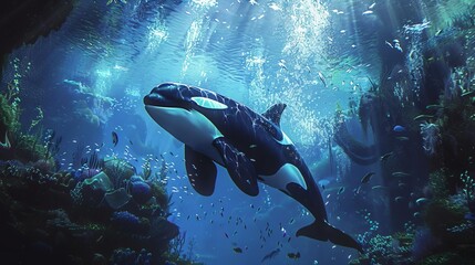 Fototapeta premium A majestic killer whale gracefully swims through the vibrant underwater world, surrounded by rays of sunlight and marine life.