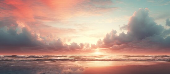 Naklejka premium In the morning on the beach thick red tinged clouds can be seen in the East providing a captivating backdrop for a copy space image