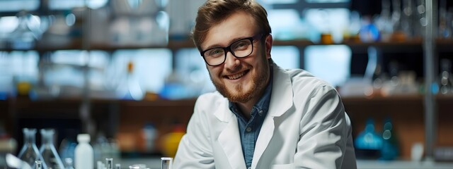 Young Atmospheric Scientist Exuding Joy and Excitement While Working in the Lab on a Colorful Background